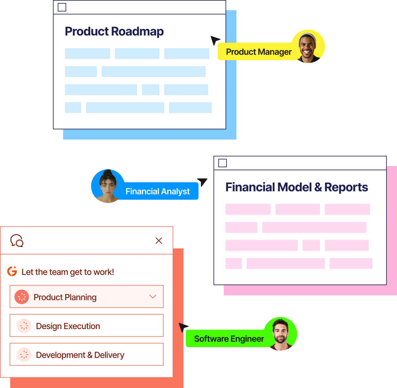 A product manager, financial analyst and software engineer working on shared project documents